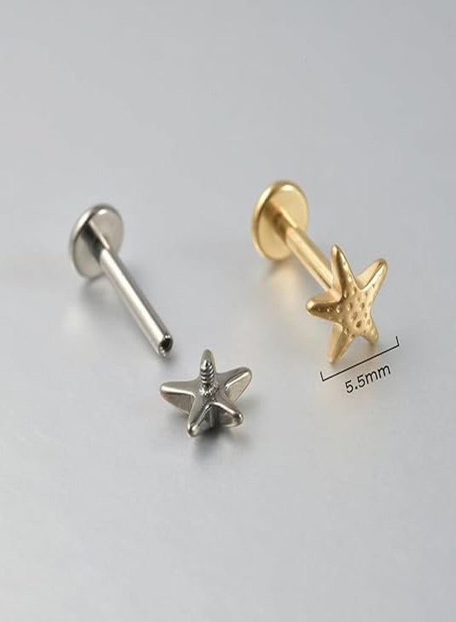 Cykdohy 16G Starfish Cartilage Tragus Small Earring for Women Men Titanium Simple Statement Star Flat Back Stud Earrings Internally Threaded Hypoallergenic Nose Helix Conch Labret Piercing Jewelry (Gold) - Image 2